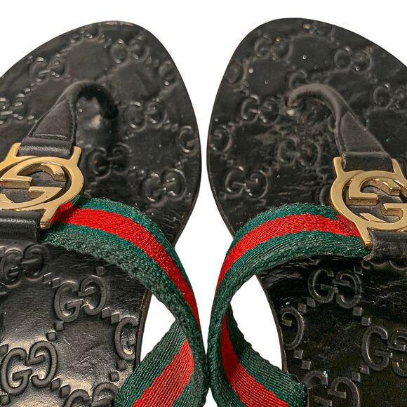 Gucci GG Web Stripe Thong Sandals EU 37.5 US 7.5 Black Flip Flop Slide Flat Heel - Picture 8 of 12